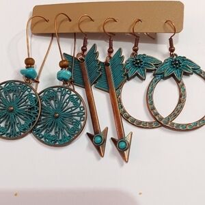 NWT 3 Pair Bronze & Teal Bohemian Dangle Earrings